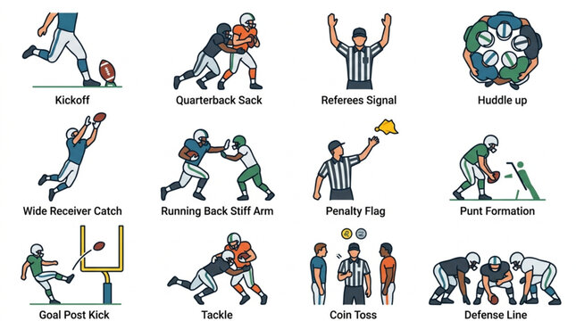 American Football Action Icons Set.