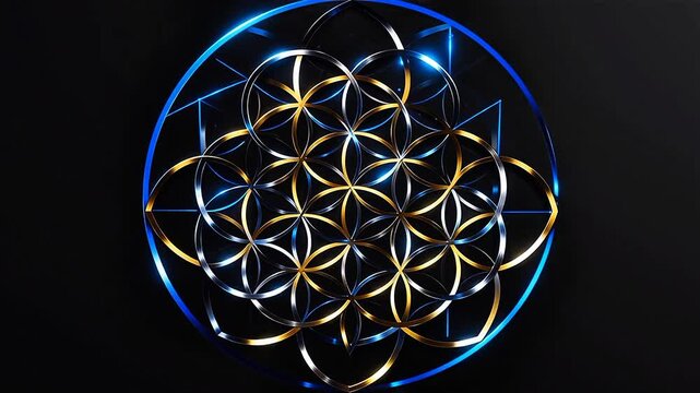 Animated sacred geometry flower of life with metallic gold and silver rings on a dark background.