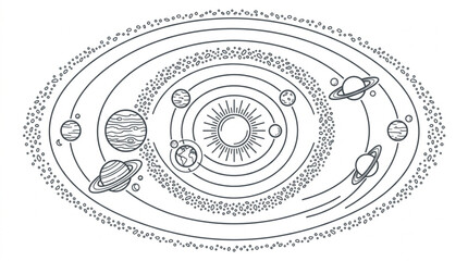 Detailed illustration of the solar system with planets orbiting the sun. © yuzong