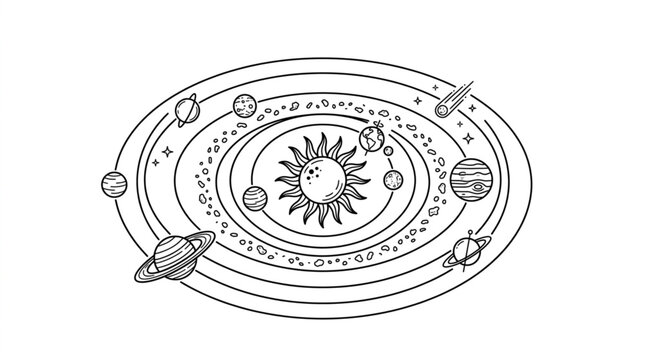 Detailed illustration of the solar system with planets orbiting the sun.