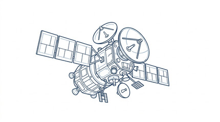 Detailed sketch of a modern communication satellite with solar panels. © yuzong