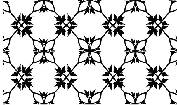 Intricate seamless black and white floral pattern featuring symmetrical vine motifs, diamond tessellation layouts, delicate tendrils, and stylized four-petal floral elements in a clean geometric compo