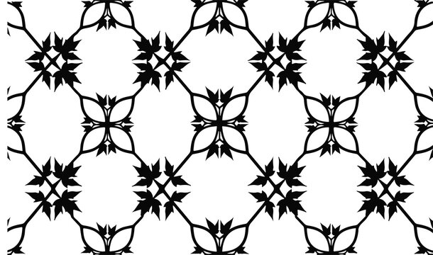 Intricate seamless black and white floral pattern featuring symmetrical vine motifs, diamond tessellation layouts, delicate tendrils, and stylized four-petal floral elements in a clean geometric compo