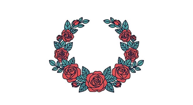 Symmetrical red rose wreath frame vector illustration. Semi circular floral border isolated on white background.