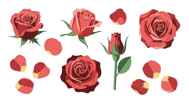 Red rose flowers and falling petals collection vector illustration. Red rose blooms, buds, and individual petals isolated on white background.