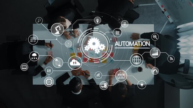 A diverse team collaborates on automation strategies surrounded by digital icons and gears, reflecting innovation and productivity in a modern business environment. Raster