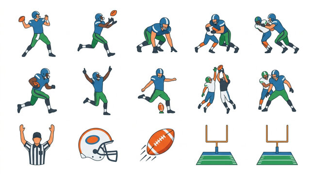American Football Players in Action and Equipment.