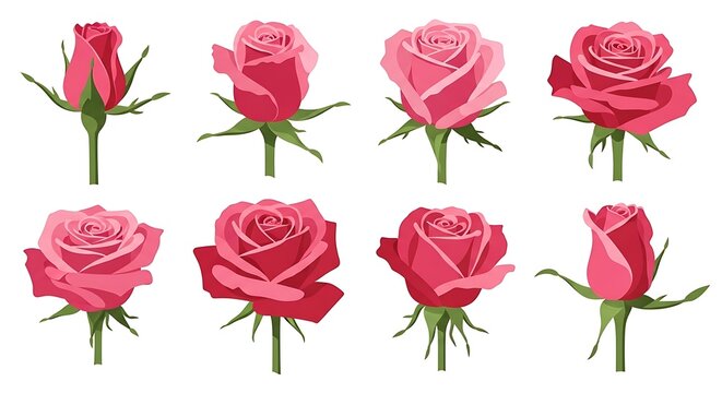 Pink rose buds life cycle set vector illustration. Sequence of opening pink rose flower heads isolated on white background.