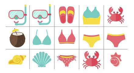 Collection of vibrant summer and beach essentials for a tropical vacation. © art.Co