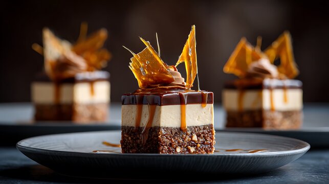 Dobos Tortes individually plated with caramel shards