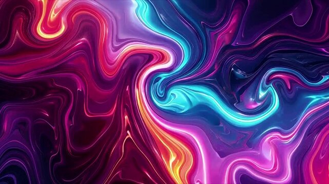 Abstract fluid art background with swirling waves of glowing neon pink, blue, and orange paint
