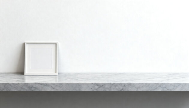 square minimalist art frame mockup on clean light grey marble shelf with white copy space wall for creative studio business