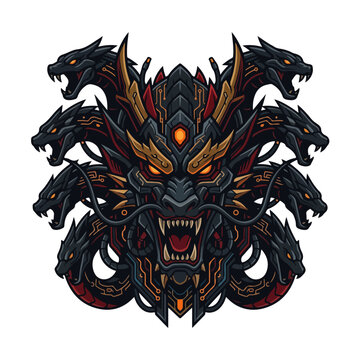 Cybernetic Multi-Headed Hydra Dragon Vector Illustration