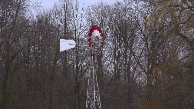 A traditional galvanized steel farm windmill featuring distinctive red and white tipped blades turns while set against a dense background of bare, grey winter forest trees.