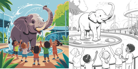 elephant in the park,elephants in the grass, elephant in the desert, family of elephants, family of elephants in the zoo,  animals in the park, animals in the city, coloring, coloring book, children,  © Pinki