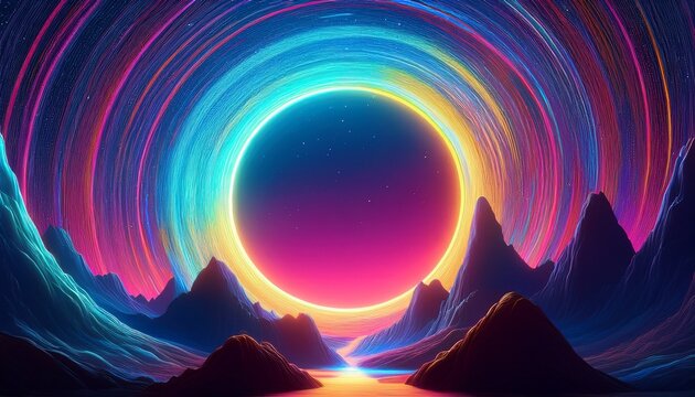 colorful neon light circle vortex over the mountains sci fi digital futuristic landscape