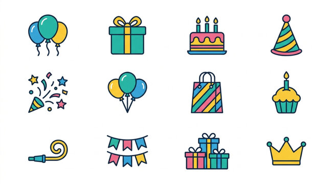 Birthday Celebration Icons Set Balloons Cake Gifts Party Hat.