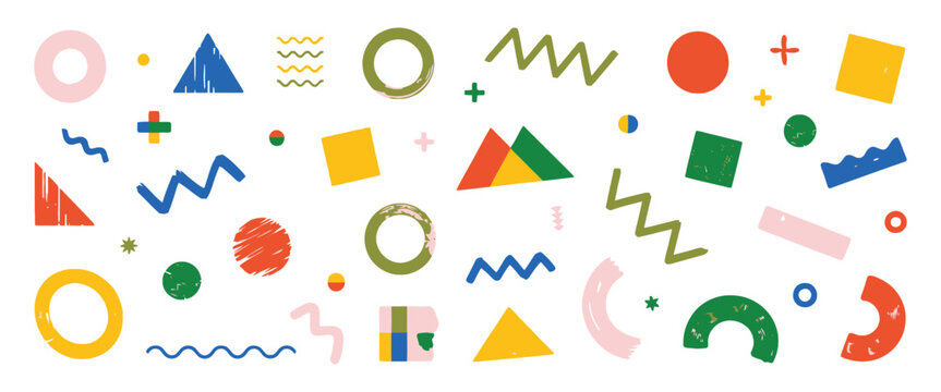 Crayon geometric shapes vector, funky doodle lines, colorful pencil chalk drawn elements, naive Swiss design aesthetic, playful dots and primitive form patterns.