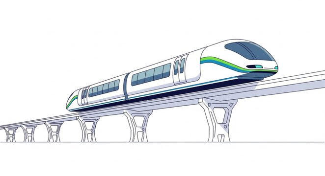 Modern Maglev Train Traveling on Elevated Track.