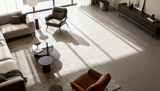 neutral tones lounge with off center furniture placement and soft shadows for editorial home business