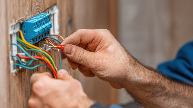 Skilled hands securely fasten exposed wire ends into a household electrical terminal block mounted in wood paneling.