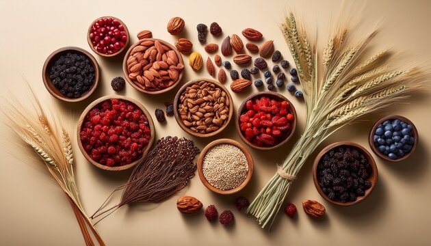 a beautiful flat lay display of dried berries and seeds showcasing nature s bounty in soft lighting