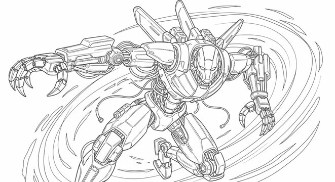 Futuristic robot mecha suit in action line art.
