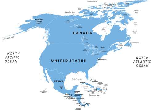 North America map with countries labeled political map for travel and education 