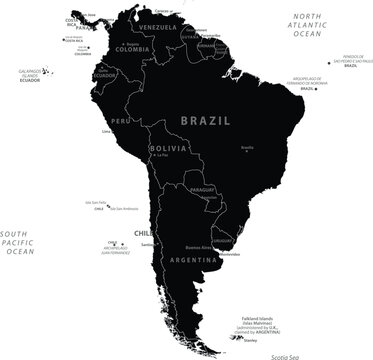 Black silhouette map of South America political divisions isolated 