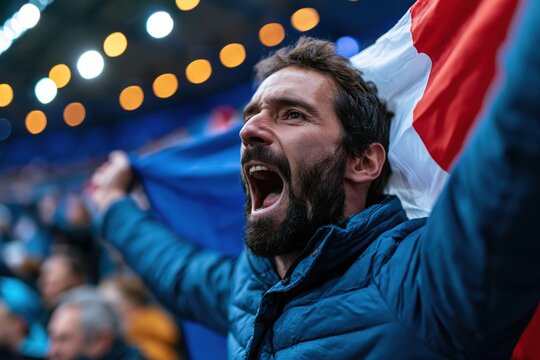 French football fan cheering with tricolor flag in stadium aisle