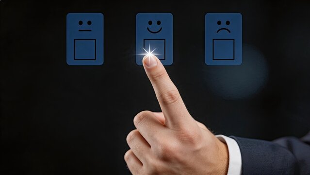Hand touching happy face icon on digital screen, representing customer satisfaction survey, positive feedback rating and user experience evaluation concept.