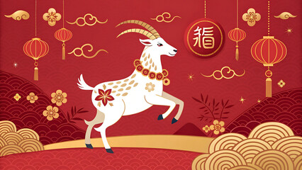Fototapeta premium Chinese new year goat illustration with red background and gold accents and lanterns transparent background