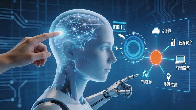 Human finger touching robot head brain circuit, artificial intelligence learning, binary code data processing, cloud computing location device security connection, futuristic
