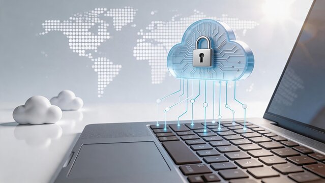 Cloud computing security concept with padlock on laptop screen, global network connection, data protection and privacy, cyber safety technology, digital storage backup solution