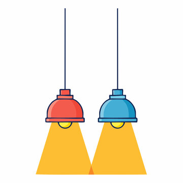 Two hanging pendant lights, one red and one blue, with yellow light beams