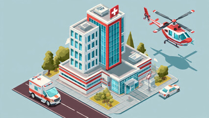 Modern hospital building with helicopters and ambulances in an urban healthcare setting © NanoCraft