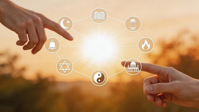 Two hands touching interfaith religion symbols circle around sun, unity and peace concept, diversity tolerance, spiritual connection, global harmony, multicultural society,