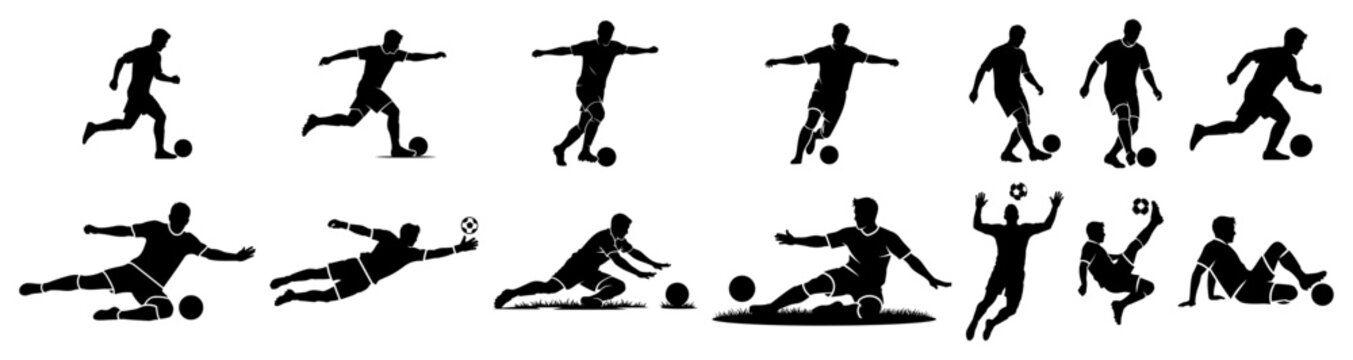 Soccer players action silhouettes and football athletes poses in black style