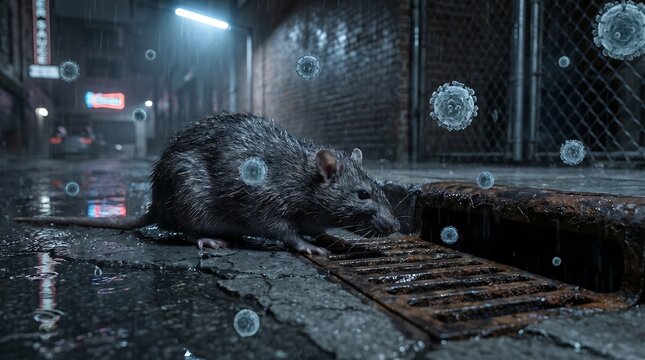 Urban rodent scavenging in a city alleyway surrounded by airborne pathogens to illustrate public health risks and Hantavirus disease transmission in metropolitan environments