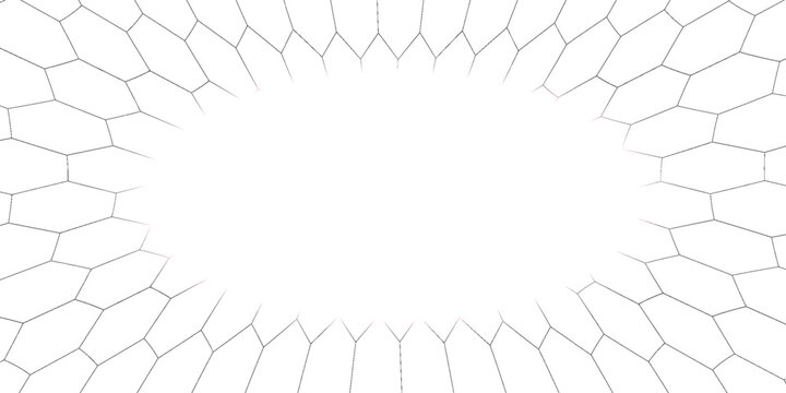 Fishing or soccer net. Repeated hexagon pattern. Black wired mesh texture isolated on white background. Metallic or fabric fence, cage or lattice structure. Vector graphic Illustration.