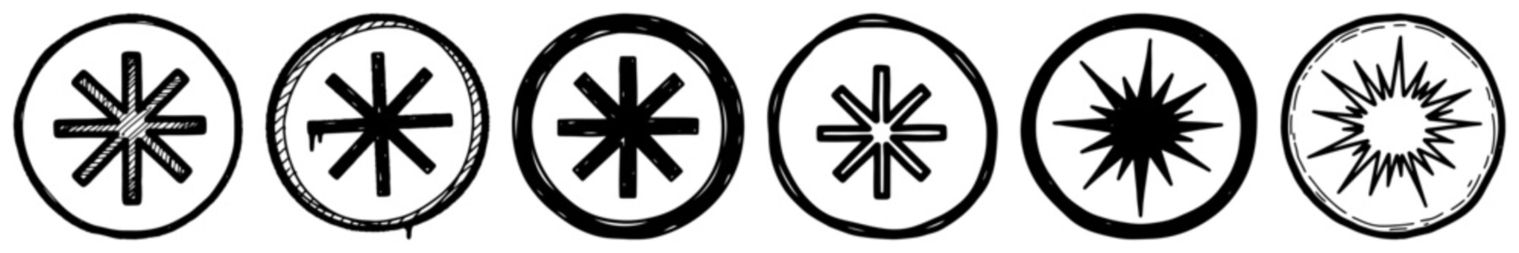 Starburst and asterisk circular stamps collection in hand drawn doodle design