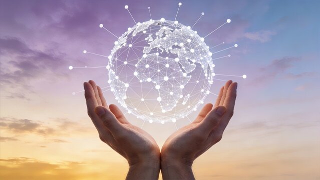 Human hands holding a glowing digital globe with network connections, representing global communication, internet connectivity, and worldwide business collaboration concept