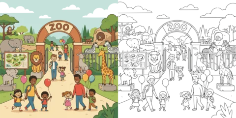 Fototapete Zoo cartoon tourist in the city, city of the city, city street scene,  Grand Zoo Entrance Scene, coloring book.  © Pinki
