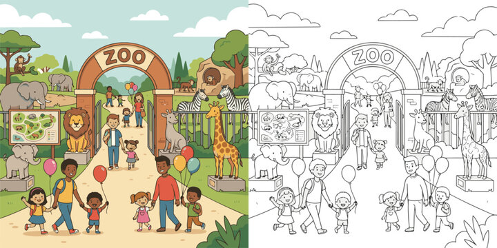 cartoon tourist in the city city of the city city street scene  grand zoo entrance scene educational cartoon print illustration vector clipart and line art colouring book for kids drawn hand drawn.