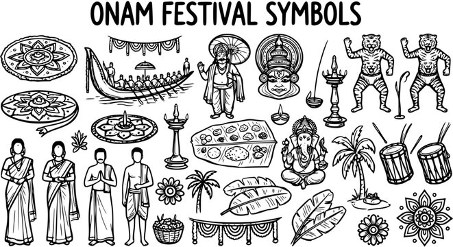 Black and White Line Art Illustration of Onam Festival Symbols for Indian Culture