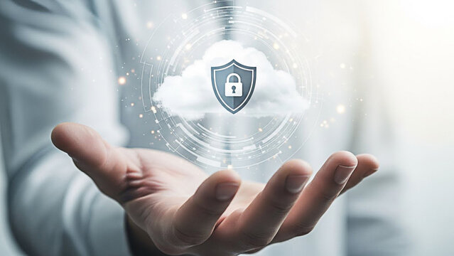 A person holds a glowing digital shield and cloud icon in this professional photo representing modern cybersecurity measures for protecting sensitive data in a global network.