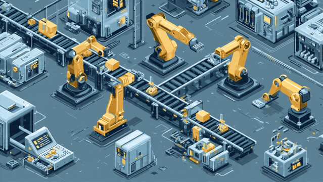 Automated factory with robotic arms assembling products in an industrial manufacturing environment