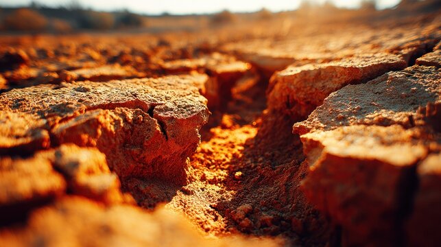 Severely cracked arid earth shows deep fissures under bright sunlight