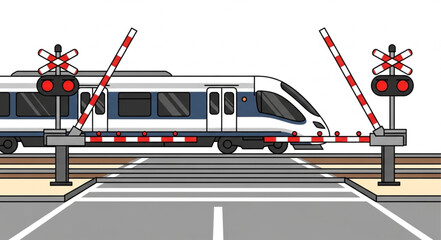 Modern Train Crossing Railroad Tracks with Barriers and Lights. © Shella