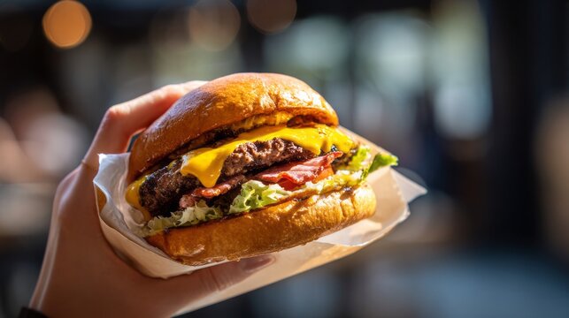 close up view of a hand picking up a large juicy burger with fresh bun, melted cheese, lettuce, and tomato, showcasing fast food indulgence, delicious comfort meal, and appetizing street food concept 
